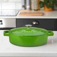 Cooks Professional Cast Iron Shallow Casserole with Lid 28cm | 4.3L Capacity | Oven Proof Enamelled Cast Iron Pan | Non Stick Interior | For All Hob Types | Stainless Steel Knob | Graduated Green