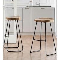 'Lara' Set of Two Armless Kitchen Breakfast Dining Handmade Saddle Seat Solid Mango Wood Bar Stool With Black Leg