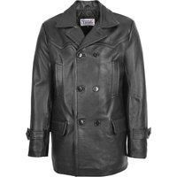 Mens Real Leather Coat Double Breasted Peacoat Style Salcombe (2XL, Black)
