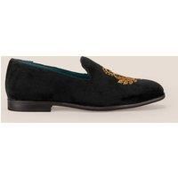Oswin Hyde Men's Archer Bordo Velvet Embroidered Slipper in Black | Size: 9