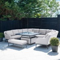 Harbour Lifestyle Luna U-Shape Outdoor Fabric Corner Dining with Rising Firepit Table in Oyster Grey