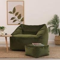 icon Natalia Velvet Bean Bag Chair with Footstool, Olive Green, Large Adult Bean Bag with Filling Included, Accent Chair, Armchair, Living Room Furniture, Bedroom Furniture
