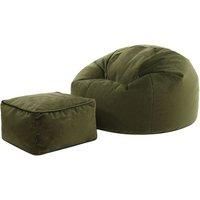 icon Kingston Velvet Bean Bag with Footstool, Olive Green, Large Adult Bean Bag Chair with Filling Included, Accent Chair, Pouffe Footstool, Living Room, Living Room Furniture, Bedroom Furniture