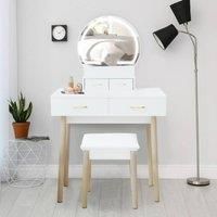 Dressing Table Set - Vintage Vanity Desk Round Mirror with LED Lights, Cushioned Stool, 4 Drawers Makeup Table Kit