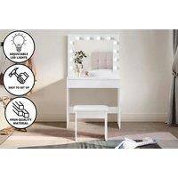 Alivio Hollywood Dressing Table Set with Hollywood LED Lights Mirror, Vanity Table with Large Drawer and Cushioned Stool, Modern Bedroom Makeup Table Dressing Kit