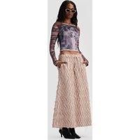 Frayed Detail Flared Maxi Skirt in Beige