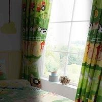 Happy Linen Company Girls Boys Farm Friends Red Tractor Green 66" x 72" Ring Track Pole Fully Lined Thermal Blackout Pencil Pleat Curtain Set
