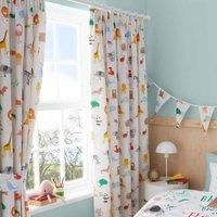 Happy Linen Company Girls Boys Animal Alphabet Educational White 66" x 72" Ring Track Pole Fully Lined Thermal Blackout Pencil Pleat Curtain Set