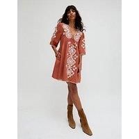 Raffya Arabella V- Neck Embroidered Mini Dress In Brown