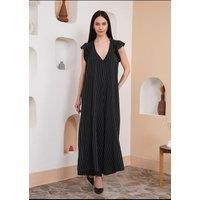 Oversized V Neck Stripe Printed Jumpsuit with Frill Details