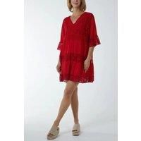 Oversized 3/4 Sleeves Lace Detailed V Neck Mini Dress