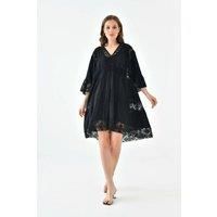 Oversized 3/4 Sleeves Lace Detailed V Neck Mini Dress