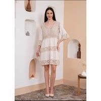 Oversized 3/4 Sleeves Lace Detailed V Neck Mini Dress