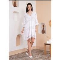 Oversized 3/4 Sleeves Lace Detailed V Neck Mini Dress