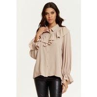 HOXTON GAL Women's Relaxed Fit Frilled Front Shirt Top in Beige | Size: 12-14
