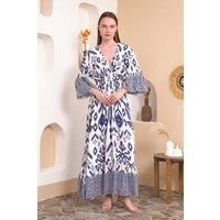 Oversized Flutter Sleeves Shirred Waist Geometrical Print V Neck Maxi Dress
