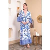 Oversized Flutter Sleeves Shirred Waist Geometrical Print V Neck Maxi Dress