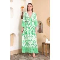 Oversized Flutter Sleeves Shirred Waist Geometrical Print V Neck Maxi Dress