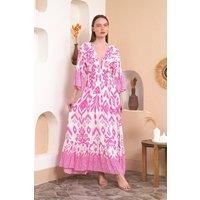Oversized Flutter Sleeves Shirred Waist Geometrical Print V Neck Maxi Dress
