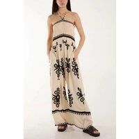 Oversized Strapless Wide Leg Printed Jumpsuit with Shirred Detail