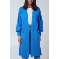HOXTON GAL Women's Oversized Long Sleeves Midi Knitted Cardigan with Pocket Details in Bright Blue