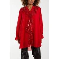 Relaxed Fit Long Sleeves Frilled Front Sequin Detail Tunic Top