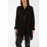 Relaxed Fit Long Sleeves Frilled Front Sequin Detail Tunic Top