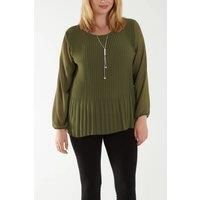 Relaxed Fit Pleated Tulle Detailed Long Sleeve Blouse with Necklace