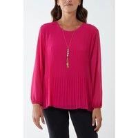 Relaxed Fit Pleated Tulle Detailed Long Sleeve Blouse with Necklace