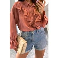 HOXTON GAL Women's Oversized Frilled Front Shirt with Detailed Cuffs in Pink | Size: 12-14