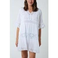 Oversized 3/4 Sleeves Lace Detailed V Neck Mini Dress