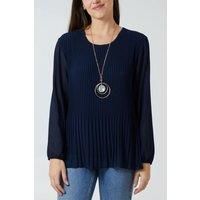 Relaxed Fit Pleated Tulle Detailed Long Sleeve Blouse with Necklace