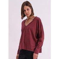 Religion Long Sleeve Deep V-Neck Jersey Top With Heavy Beaded Tonal Neck Line