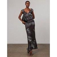 Religion Dawn Maxi Column Dress With Draped Back Detail In Hand-Painted Print - Green