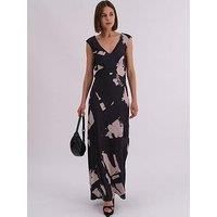 Religion Dawn Maxi Column Dress With Draped Back Detail In Hand-Painted Print - Black