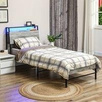 HOMCOM 3ft Single Bed Frame with LED Lights and Charging Station, Platform Bed Frame with Storage Headboard, Steel Slat Support, No Box Spring Needed, Easy Assembly, Cement Grey