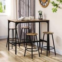 HOMCOM 5 Piece Bar Table Set, Industrial Dining Table Set for 4 with Stools, Metal Frame, Footrest for Kitchen, Living Room, Small Space, Rustic Brown