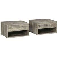 HOMCOM Set of Two Floating Wall-Mounted Bedside Tables with Drawer and Shelf - Wood Effect, Brown