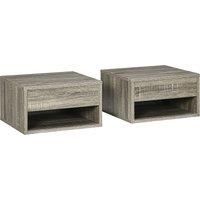 HOMCOM Set of Two Floating Bedside Tables Wall Mounted Nightstands with Drawer and Shelf for Bedroom, Brown Wood-Effect Aosom UK