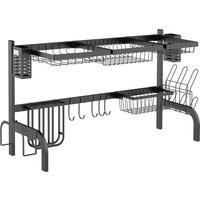 HOMCOM 100cm Over The Sink Dish Drainer Rack, 2 Tier Dish Rack for Kitchen Counter, Space Saving Dish Drying Rack, Black Aosom UK