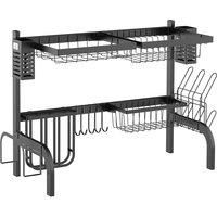 HOMCOM Over Sink Dish Rack, 2 Tier 65cm Steel Dish Rack with Anti-slip feet for Kitchen Counter, Space Saving Dish Drying Rack, Black Aosom UK