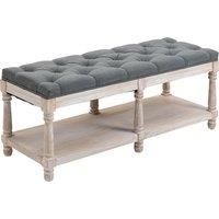 HOMCOM 2 Tier Shoe Rack Bench with Button Tufted Upholstered Cushion, Vintage Bed End Bench, Wooden Window Seat for Hallway, Living Room, Bedroom-Grey