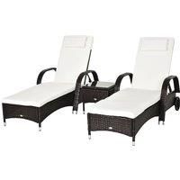 Outsunny 3 Pieces Patio Lounge Chair Set, Garden Wicker Wheeling Recliner Outdoor Daybed, PE Rattan Lounge Chairs w/Cushions & Side Coffee Table Brown