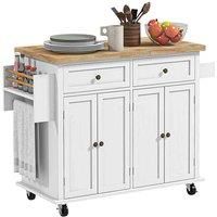 HOMCOM Rolling Kitchen Storage Island Trolley with Rubberwood Top and Drawers - White, White