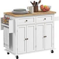 HOMCOM Rolling Kitchen Island Storage Trolley with Rubber Wood Top & Drawers for Dining Room, White Aosom UK