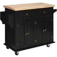 HOMCOM Rolling Kitchen Storage Island Trolley with Rubberwood Top and Drawers - Black, Black