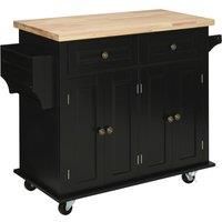 HOMCOM Rolling Kitchen Island Storage Trolley with Rubber Wood Top & Drawers for Dining Room, Black Aosom UK