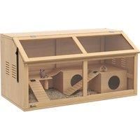 PawHut Hamster Cage, Wooden Small Animal Cage for Gerbils, Mice w/ Suspension Bridge, Openable Top, Hut, 85 x 45 x 44cm Nature Aosom UK