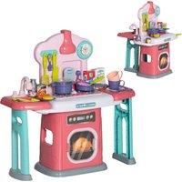 AIYAPLAY Kids Play Kitchen, 45 Pieces Kids Kitchen w/ Light, Sounds, Spray Effect & Rotating Side Tables for 3+ Years, Pink Aosom UK
