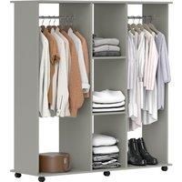 HOMCOM Double Open Wardrobe on Wheels, Bedroom Wardrobe with Clothes Hanging Rails, 3 Storage Shelves, Mobile Garment Rack for Cloakroom, Hallway, Grey